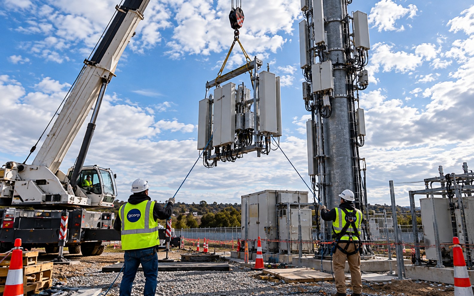 GCorp crew guiding a crane lift of radio equipment at a monopole cell site compound