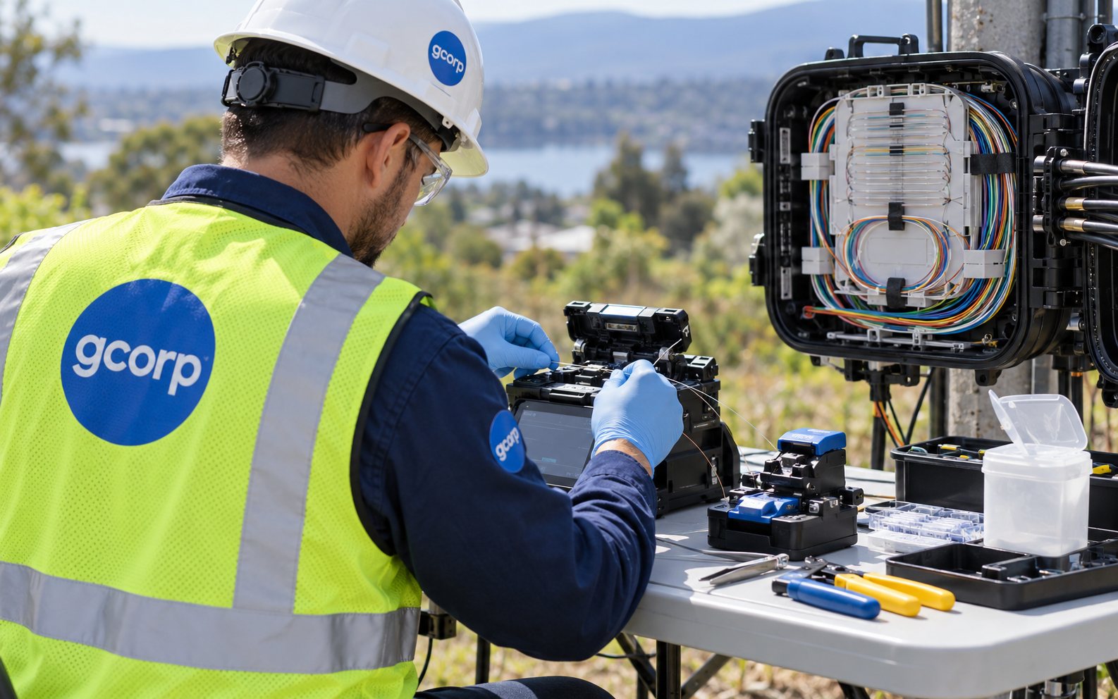 GCorp fiber technician fusion splicing at a field splice table beside an open fiber splice enclosure