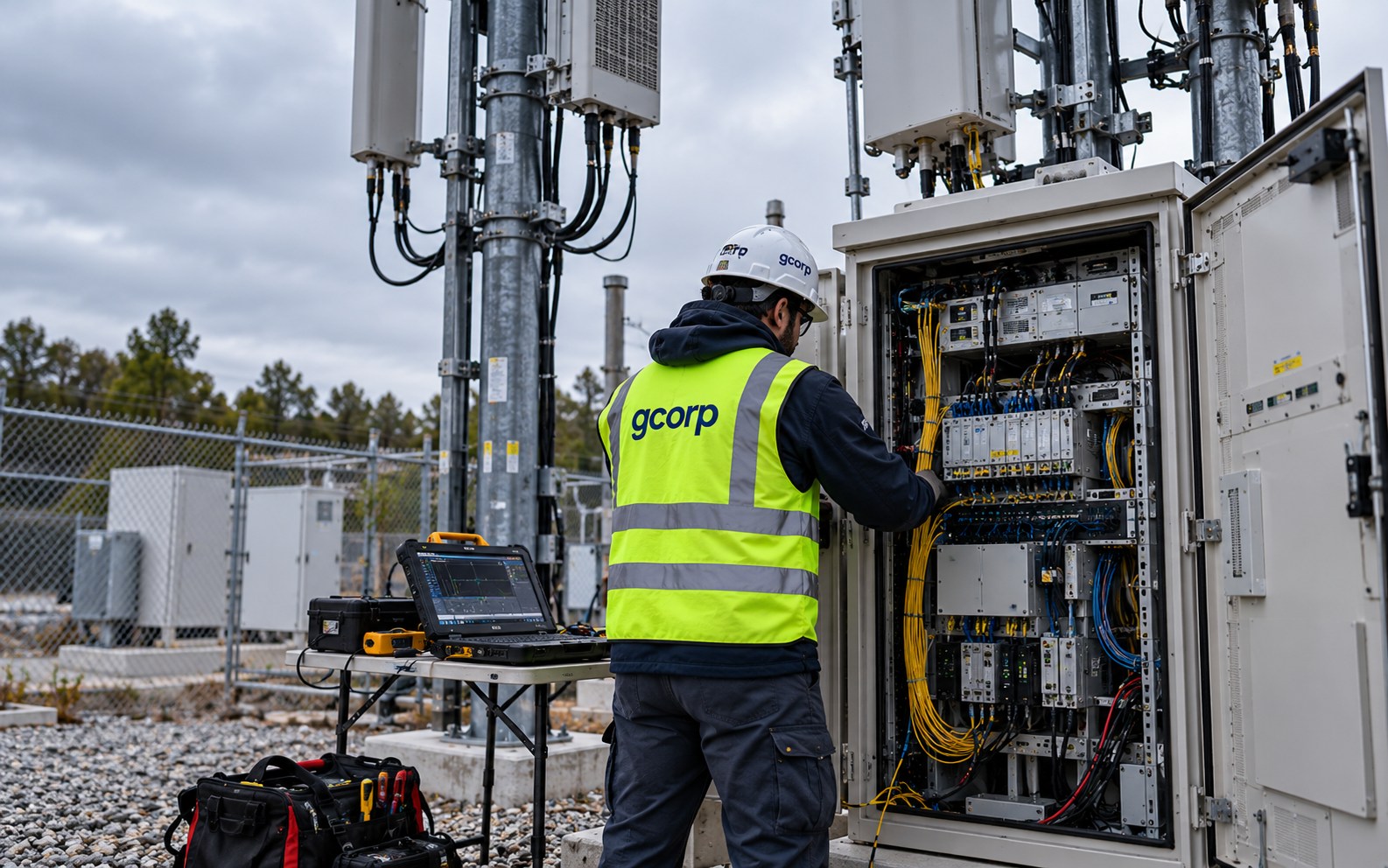 GCorp technician servicing equipment inside an open cell site cabinet