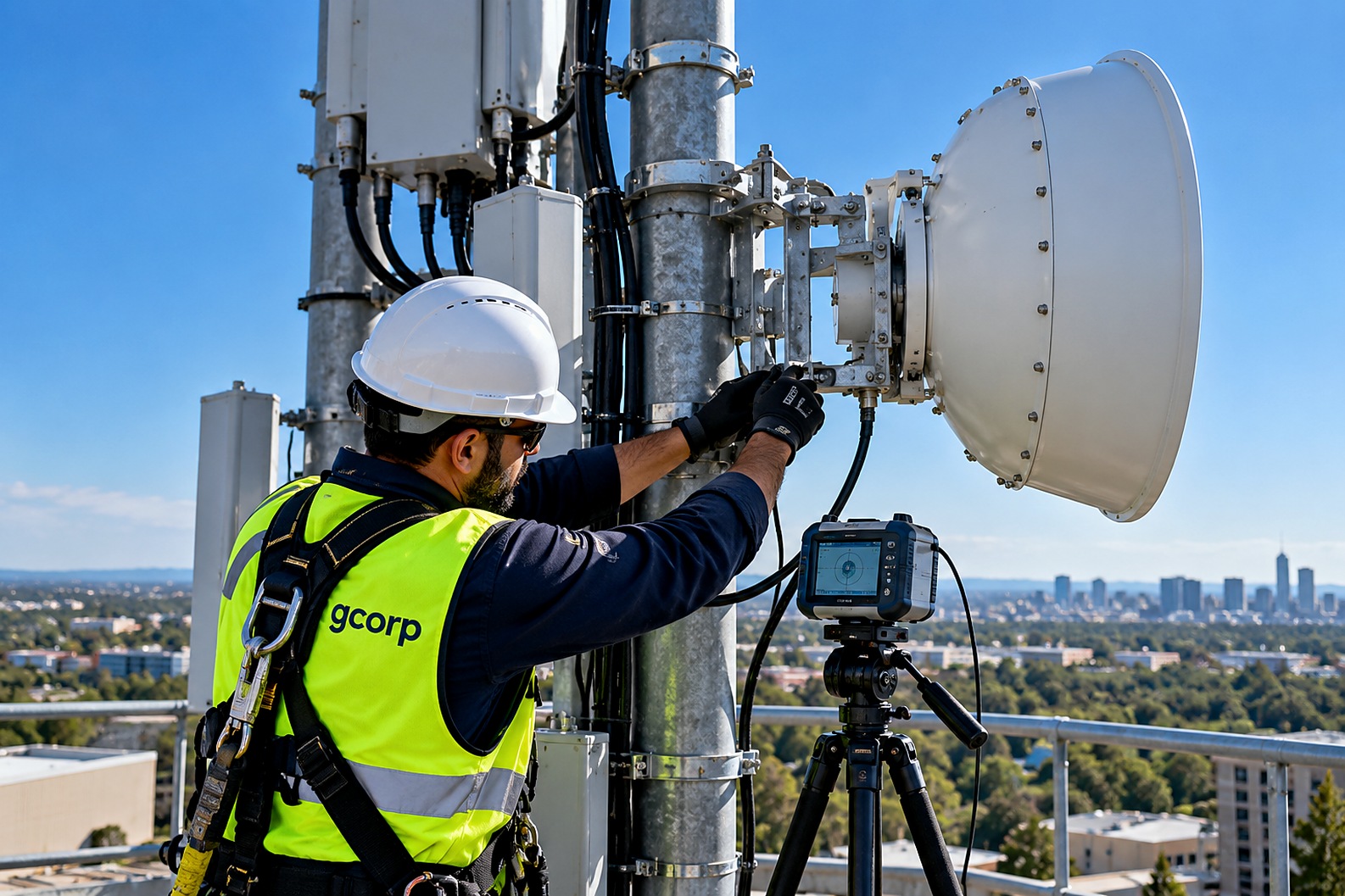 GCorp technician aligning a microwave dish on a rooftop tower, with a test instrument on a tripod