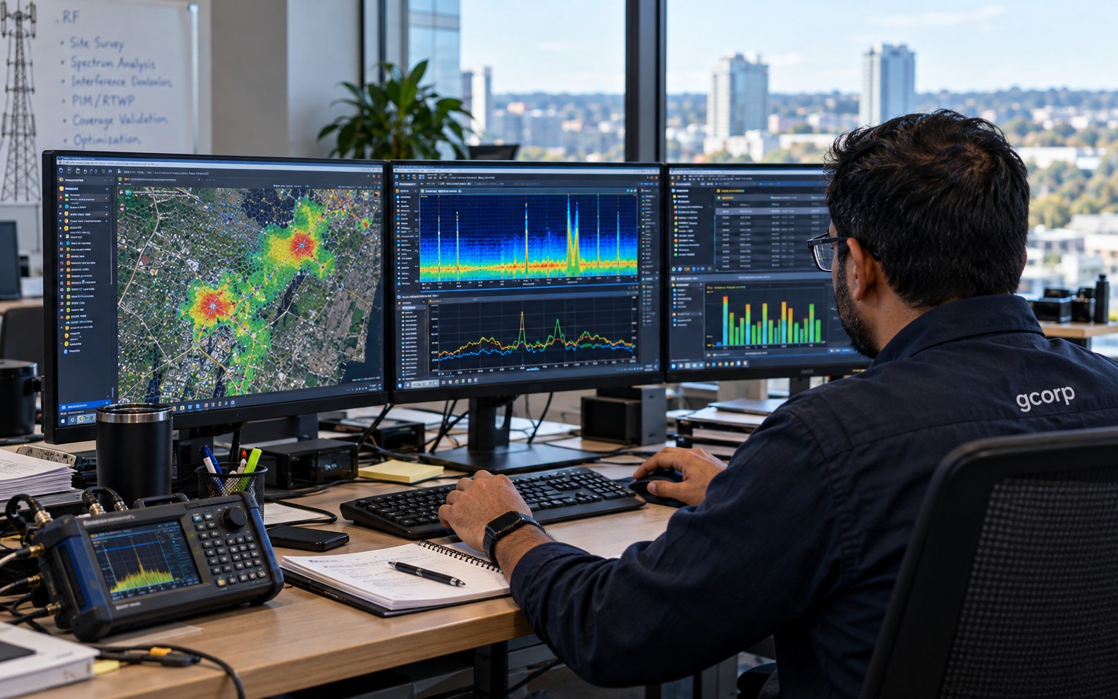 GCorp RF engineer reviewing coverage heat maps and spectrum charts on a three-monitor workstation