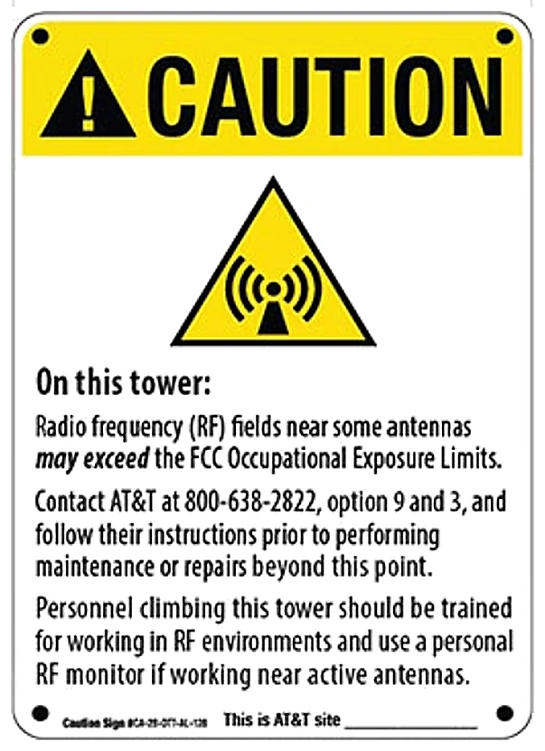 Yellow Caution — on this tower — AT&T RF safety sign