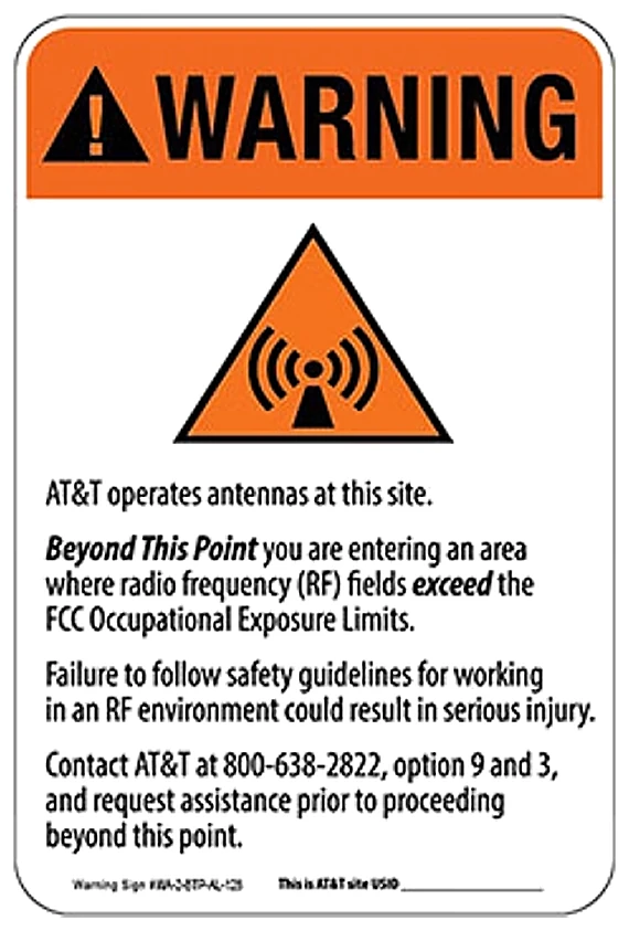 Orange Warning — beyond this point — AT&T RF safety sign