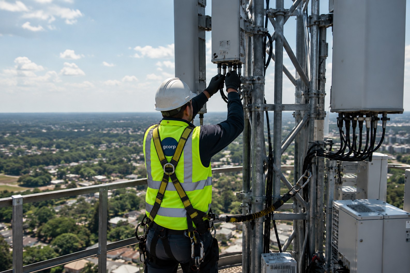 GCorp tower technician in a safety harness installing equipment on a rooftop tower, with the city below